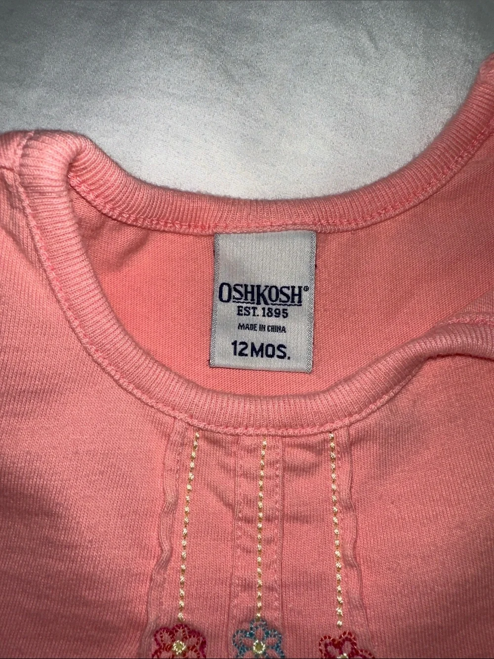 OshKosh B'gosh Coral Pink Short Sleeve Baby Top with Flower Embroidery